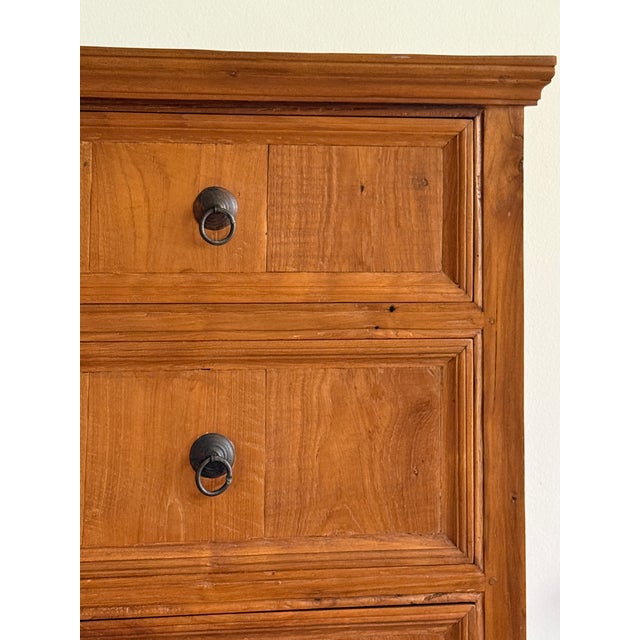 Substantial and beautiful solid-teak dresser chest featuring four generously sized drawers, paneled plank-style drawer...