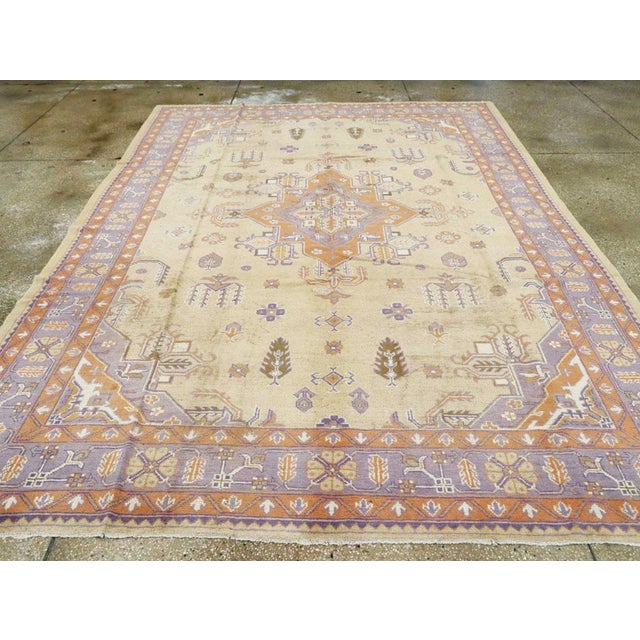 Mid 20th Century Galerie Shabab Collection Mid-20th Century Soft Colored Oushak Carpet in Beige, Purple, and Orange For Sale - Image 5 of 10