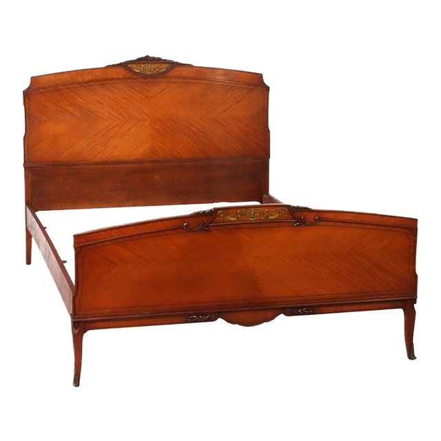 Antique Neoclassical Satinwood Double Bed With Hand Painted Swags C1930 For Sale