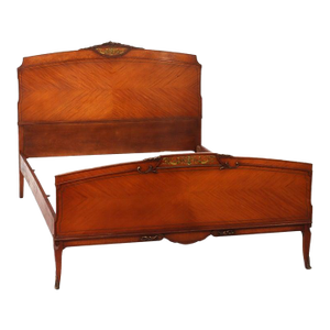 Antique Neoclassical Satinwood Double Bed With Hand Painted Swags C1930