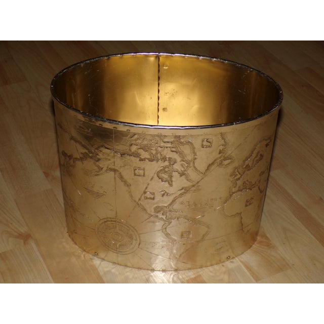 1930s Vintage Arthur Armour Hammered Aluminum Mariners World Map Trash Can Wastebasket For Sale - Image 5 of 13