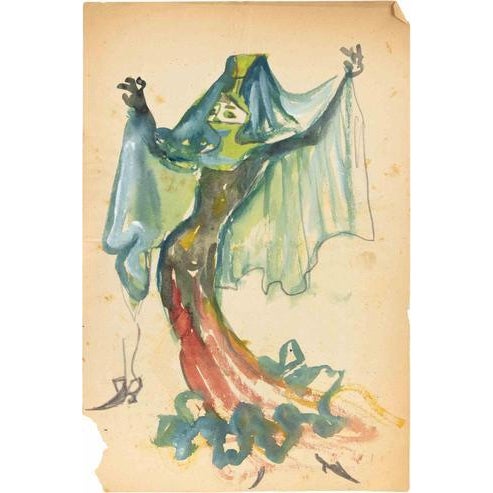 Pencil and watercolor on paper, realized on the verso o a typewritten page. Not signed. In very good condition except for...
