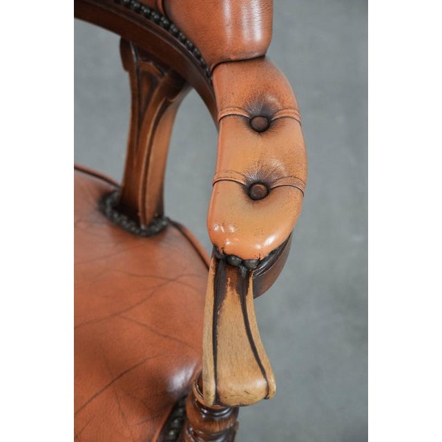 Brown English Style Cowhide and Wood Chesterfield Office Chair with Decorative Nails For Sale - Image 8 of 17