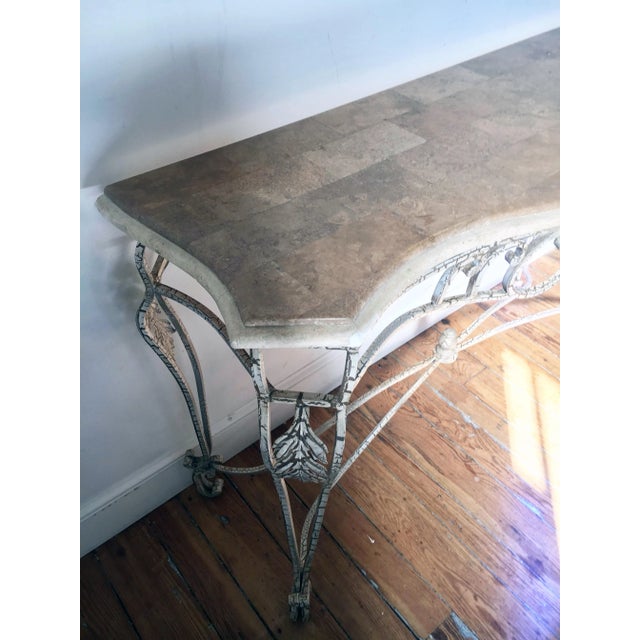Rustic European 56" Travertine + Wrought Metal Swedish Gustavian Style Console Table For Sale - Image 3 of 12