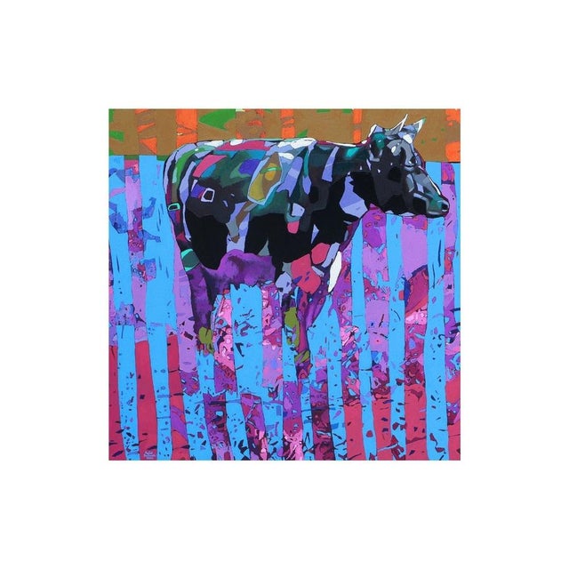 This striking artwork showcases a vibrant cow, masterfully portrayed using an eclectic mix of colors that blend seamlessly...