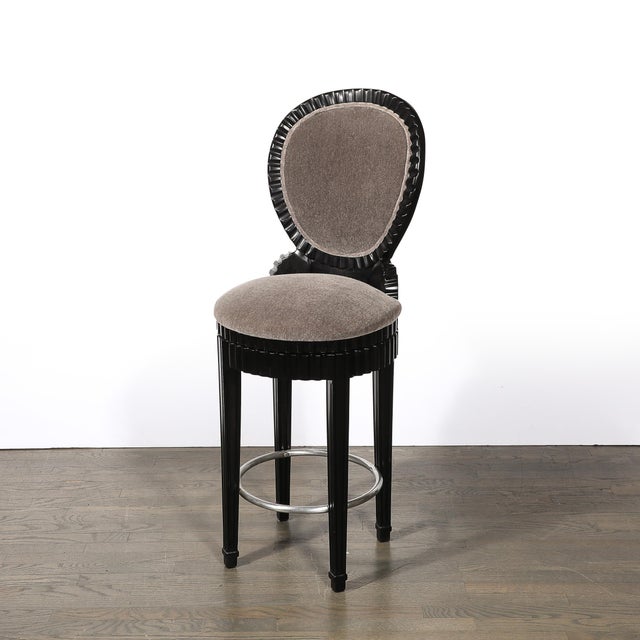 Art Deco Style Scalloped & Fluted Detailed Ebonized Walnut Swiveling Barstools For Sale In New York - Image 6 of 18