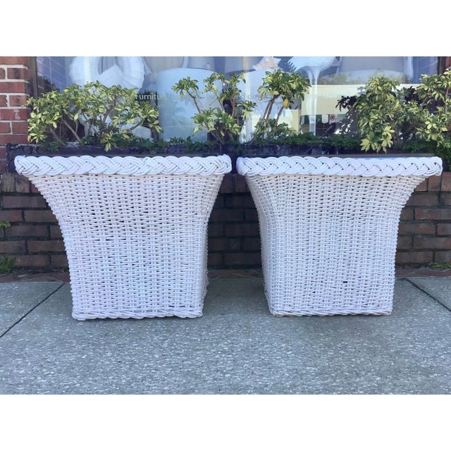 Bielecky Brothers Large pair of Boho Chic woven rattan square side tables with glass tops included. These would make great...