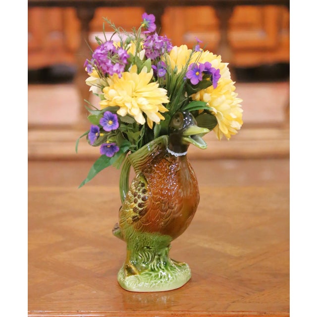 Mid 20th Century Mid-20th Century French Painted Barbotine Ceramic Duck Pitcher For Sale - Image 5 of 12