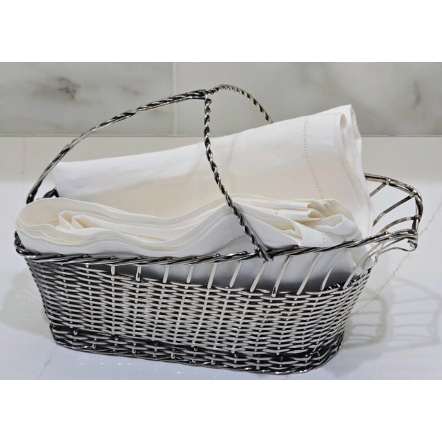 Farmhouse Vintage Handmade Silverplate Wire Wine Basket With Linen Bottle Wrap, French Country Barware For Sale - Image 3 of 10