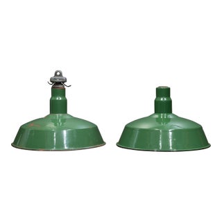 Benjamin 16" Enameled Porcelain Green Industrial Pendant Lights c.1950-Set of Two For Sale