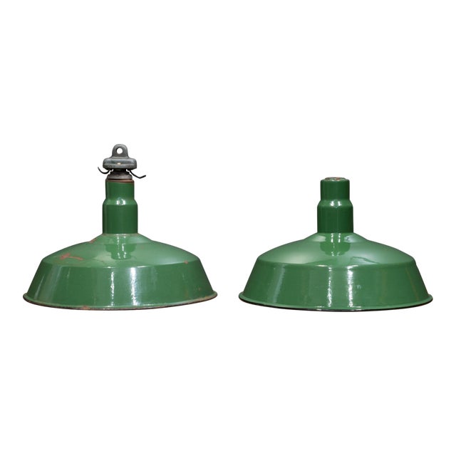 Benjamin 16" Enameled Porcelain Green Industrial Pendant Lights c.1950-Set of Two For Sale