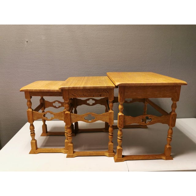 Nesting Tables in Oak with Carvings attributed to Henry Kjærnulf for Nyrup Furniture Factory, Denmark, 1960s, Set of 3 For Sale - Image 4 of 14