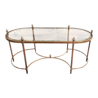 French Neoclassical Hollywood Regency Maison Jensen Style Oval Brass Glass Coffee Table. For Sale