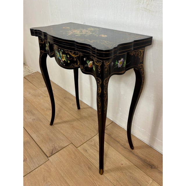 Chinese Black Lacquer Games Table with Hand-Painted Floral Decoration For Sale - Image 6 of 18