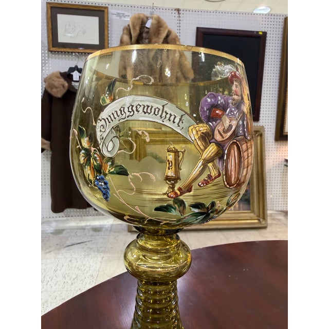 Rare Antique Large Roemer LION Green Handblown Glass German Enamel 11.5” Goblet Excellent condition no damages mint state...