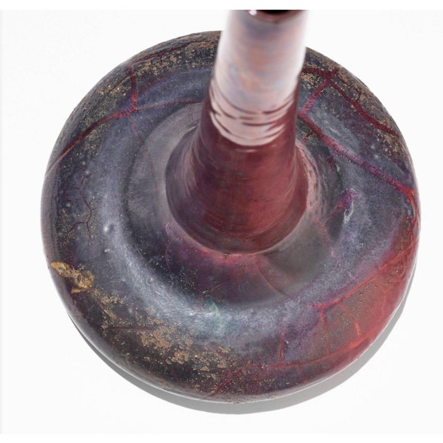 Otto Natzler and Gertrud Natzler Rare Squat Bottle Form with Long Neck, 1974 Earthenware with Sang and Blue Nocturne...