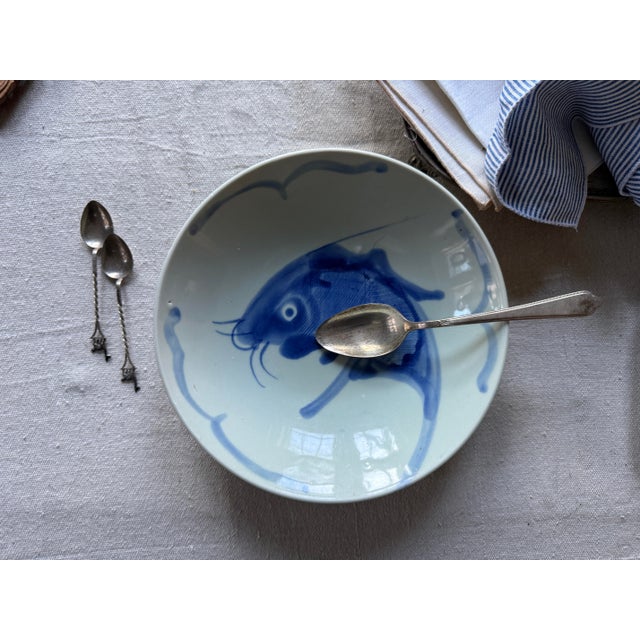 Vintage Hand-Painted Chinese Koi Fish Serving Bowl | Royal Blue and White Porcelain | 9 Inch Decorative Dish For Sale - Image 10 of 10