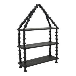 Vintage 1930s Hanging Folk Art 3-Tier Painted Black Wood Spool Shelf For Sale