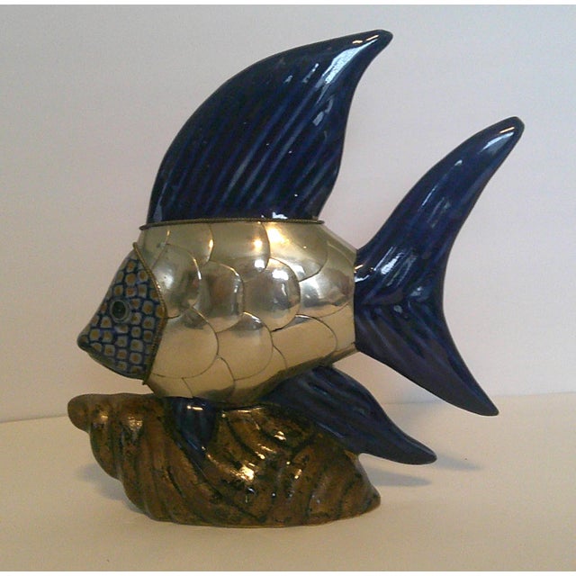 Blue Integrated/Ceramic Pottery Fish Sculpture Brass Scale Armor Attributed to Sergio Bustamante For Sale - Image 8 of 10