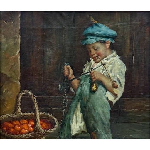 Gold Antique 19th Century Italian Oil Painting by Adolfo Dumini Boy Weighing Vegetables in Ornate Gold Frame For Sale - Image 8 of 13