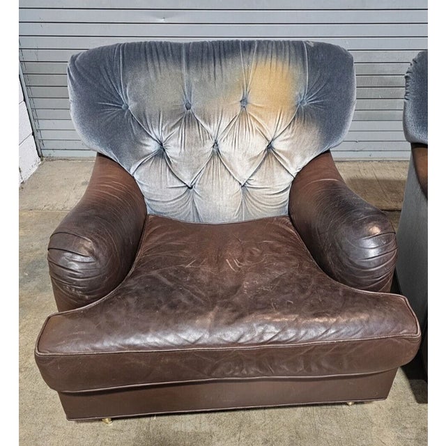 Baker Furniture Company Late 20th Century Baker Brown Leather & Blue Suede Club Armchair For Sale - Image 4 of 8