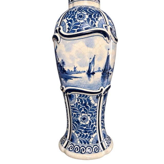 Royal Blue Antique 1911 Royal Delft De Porceleyne Fles Lidded Vase With Panoramic Dutch Landscape For Sale - Image 8 of 9