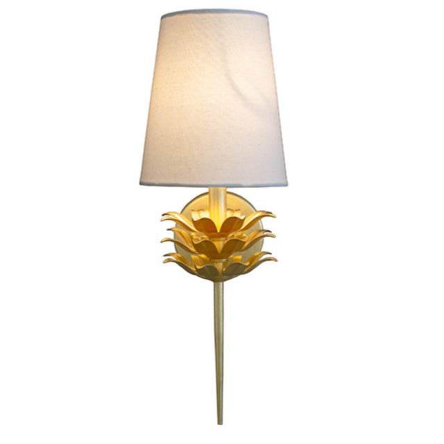 2020s Matthew Izzo Home Delilah Gold Leaf Wall Sconce With White Linen Shade For Sale - Image 5 of 5
