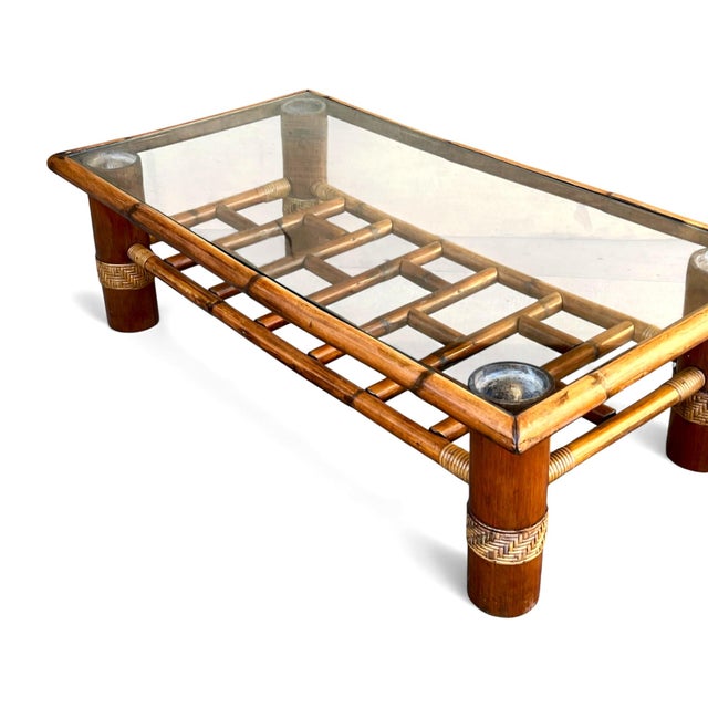 1950s Vintage Coastal Bamboo Coffee Table W/ Glass Top & Rattan Wrapped Details For Sale - Image 5 of 10
