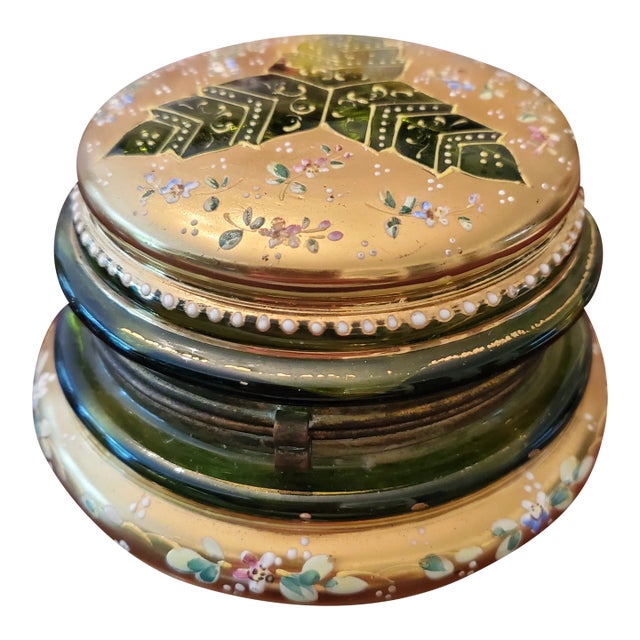 Early 1900s Antique Emerald Green Glass Jewelry Box For Sale