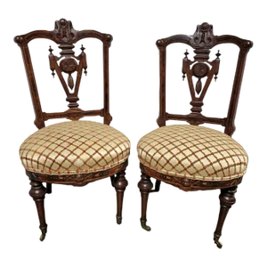 American Renaissance Revival Walnut Carved Parlor Side Chairs - a Pair