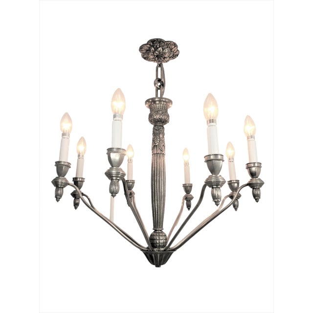 Mid-Century Modern Mid 20th Century French Eight Arm Cast Detailed Nickeled Bronze Chandelier, G.Capon For Sale - Image 3 of 12