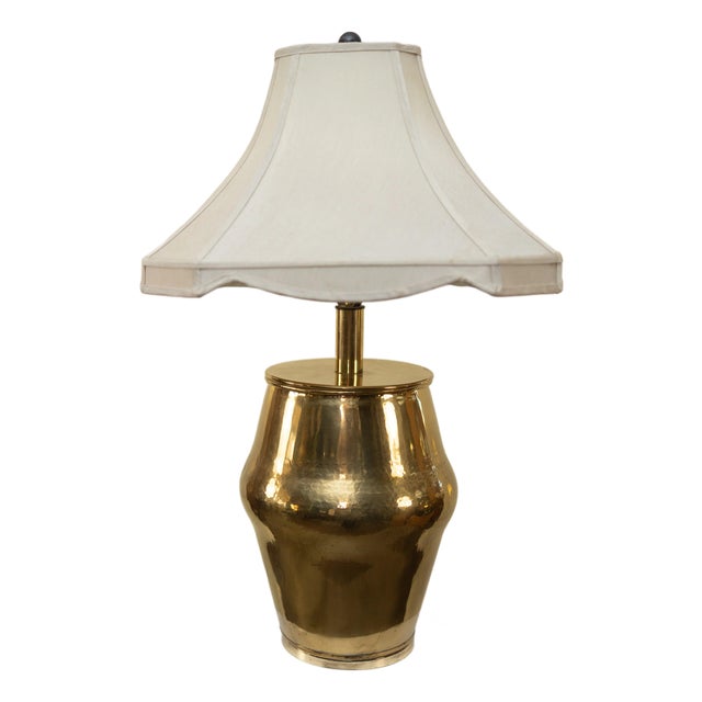 Vintage Hammered Brass Lamp w/ Pleated Linen Shade For Sale