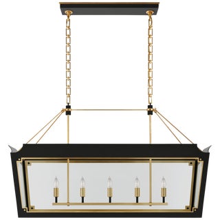 Julie Neill for Visual Comfort Signature Caddo Medium Linear Lantern in Matte Black & Gild with Clear Glass For Sale