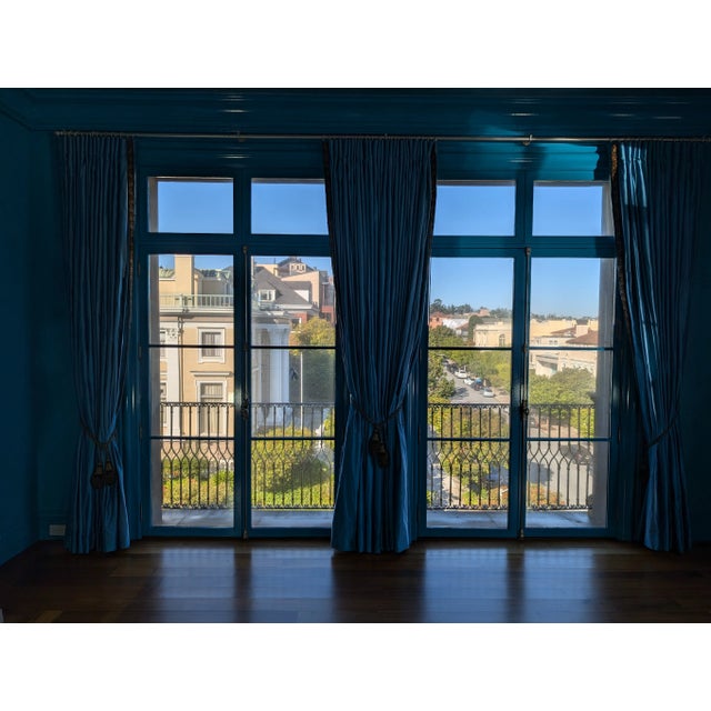 American Blue Silk With Green and Gold Trim Draperies- 2 Panels For Sale - Image 3 of 6