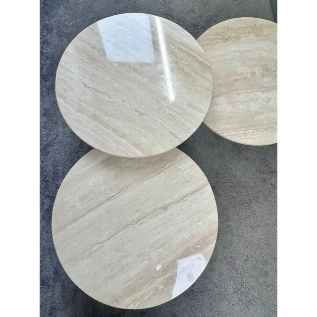 1990s Organic Modern Travertine Three-Tier Circular Coffee Table With Metal Base For Sale - Image 4 of 14
