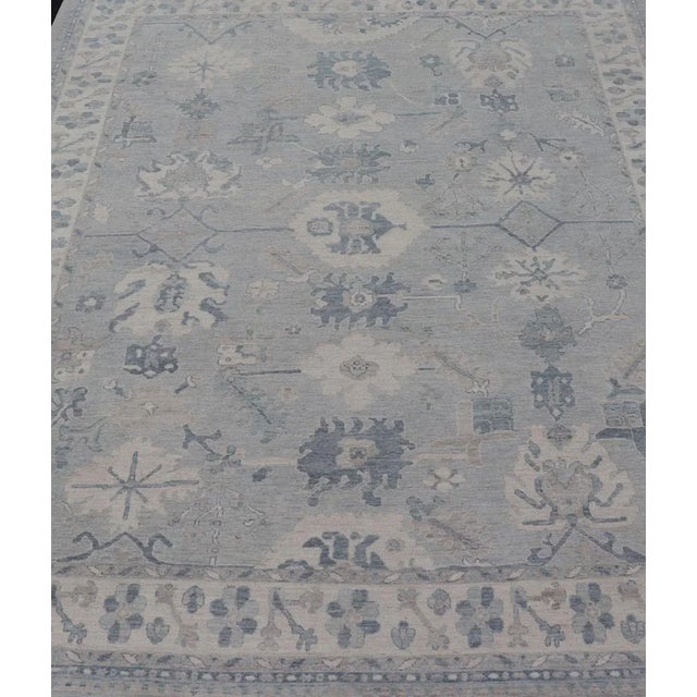 Modern Large Modern Oushak With Floral Motifs With Cream Grey Blue and Powder Blue For Sale - Image 3 of 12
