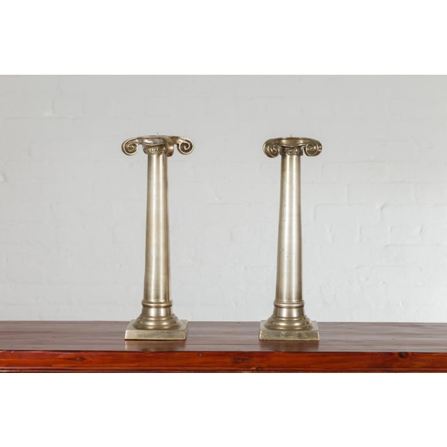 Brushed Silver over Bronze Column Candlesticks with Large Ionic Capitals - A Pair For Sale - Image 4 of 10