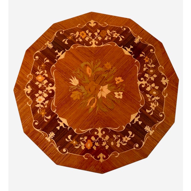Antique Inlaid Mahogany Octagon Two‑Tier Side Table — Floral Marquetry For Sale - Image 9 of 12