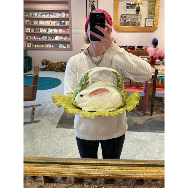 Green Vintage Bordallo Pinheiro Majolica Rabbit and Lettuce Leaf Covered Platter For Sale - Image 8 of 10