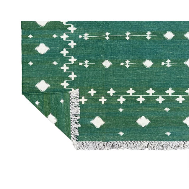 Casa Cosima Not Yet Made - Made To Order Handmade Cotton Rug Natural Vegetable Dyed Flat Weave Green White Shooting Star Dhurrie - 6'x9' For Sale - Image 4 of 11