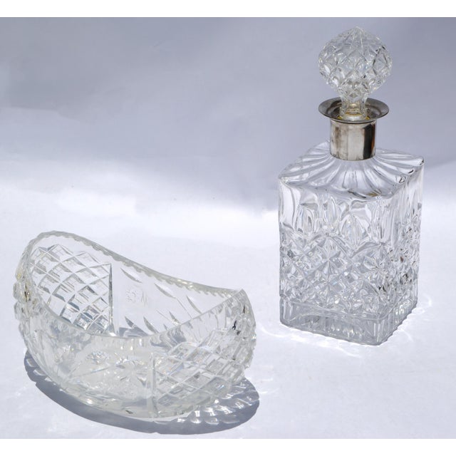 Glass Boho Chic Victorian Boat-Shaped Brilliant Cut Glass Bowl Intricate Diamond Pattern For Sale - Image 7 of 13