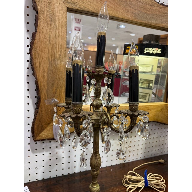 Spanish Vintage Spanish Brass Candelabra Lamp Crystal Prisms Lamp 23in For Sale - Image 3 of 8