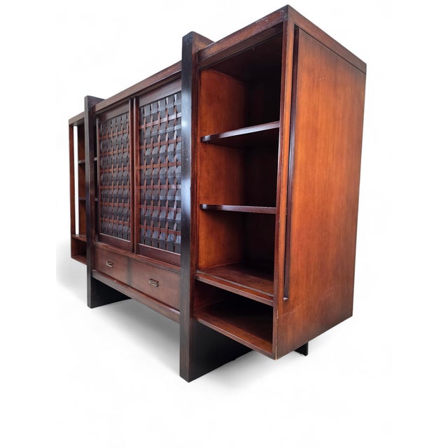 South Cone Vintage Modern Mahogany Media Console With Sliding Woven Doors by South Cone For Sale - Image 4 of 8