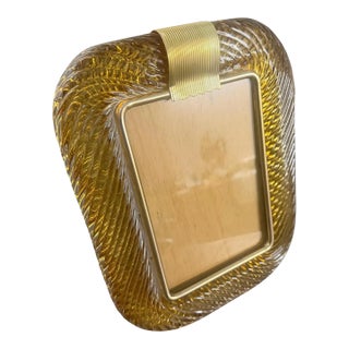 1990s Barovier Style Art Deco Amber Murano Glass and Brass Picture Frame For Sale