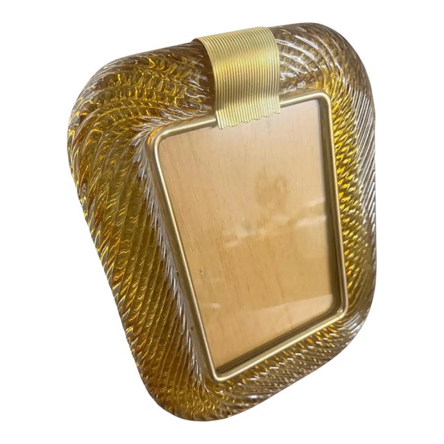 1990s Barovier Style Art Deco Amber Murano Glass and Brass Picture Frame For Sale