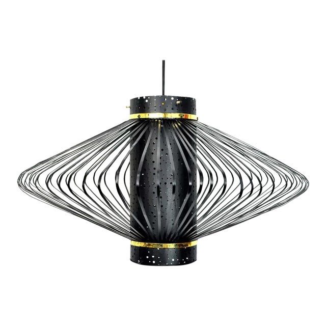 Mid-Century Modern Brass and Black Enameled Metal Pendant Lamp For Sale