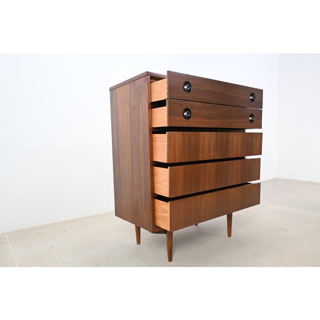 Stanley Furniture Stanley Furniture Walnut 5-Drawer Mid-Century Modern Highboy | Newly Refinished For Sale - Image 4 of 12