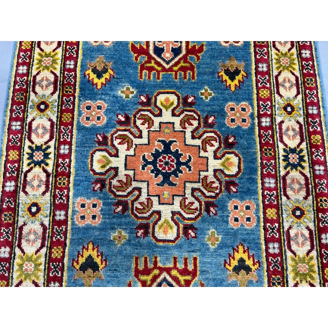 2000 - 2009 Blue and Burgundy Kazak Wool Runner Rug, Tribal Hallway Rug, 2'9" X 13'1" For Sale - Image 5 of 15