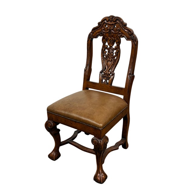 Chippendale Late 20th Century Dutch Chippendale Style Carved Fruitwood & Leather Dining Chairs — Set of 4 For Sale - Image 3 of 10