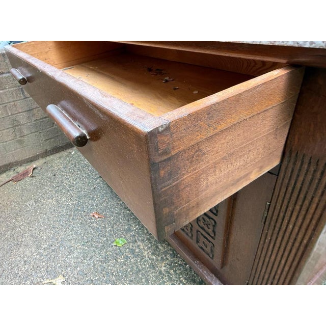 Antique French Art Deco Style Marble Top Oak Wood Cabinet Sideboard With Geometric Front For Sale - Image 9 of 18